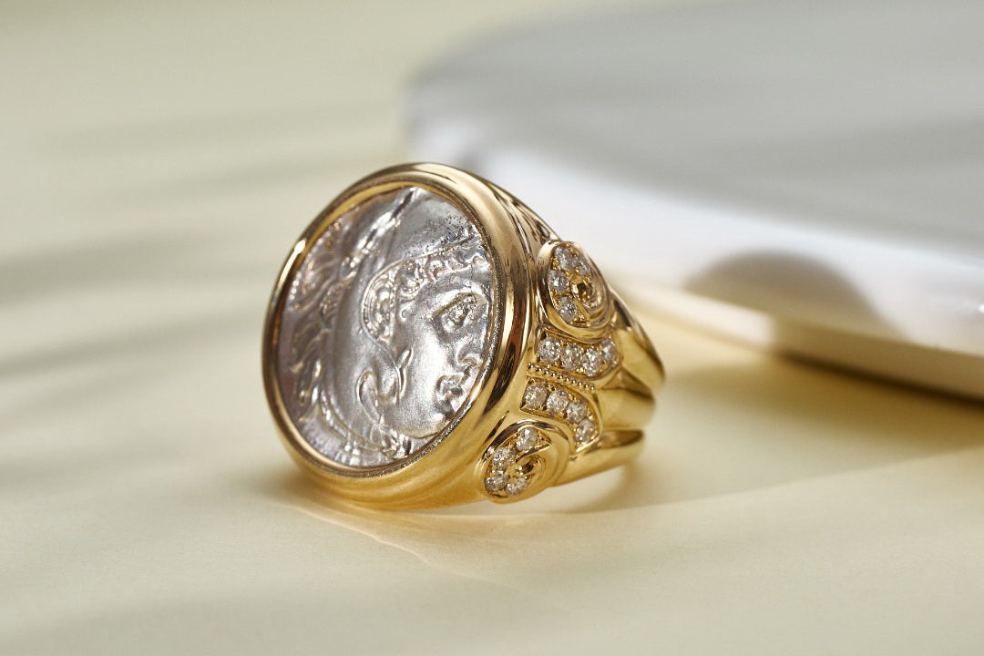 Diamond accented 18k gold Roman coin ring