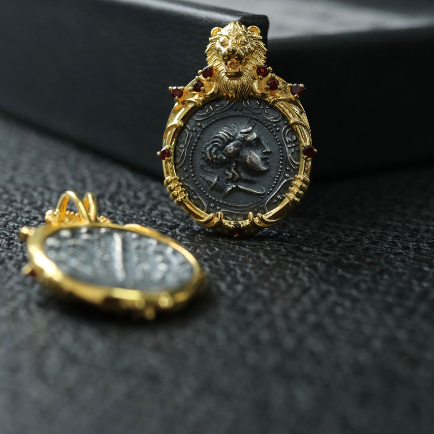 Lion Frame Roman Coin Pendant 6339