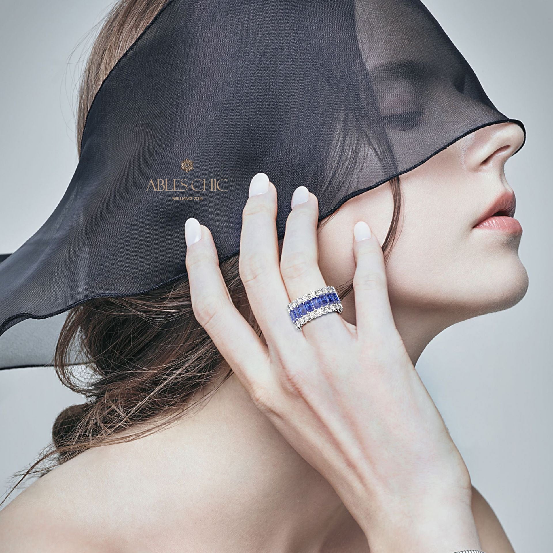 3 Rows Wide Sapphire Wedding Band R0923