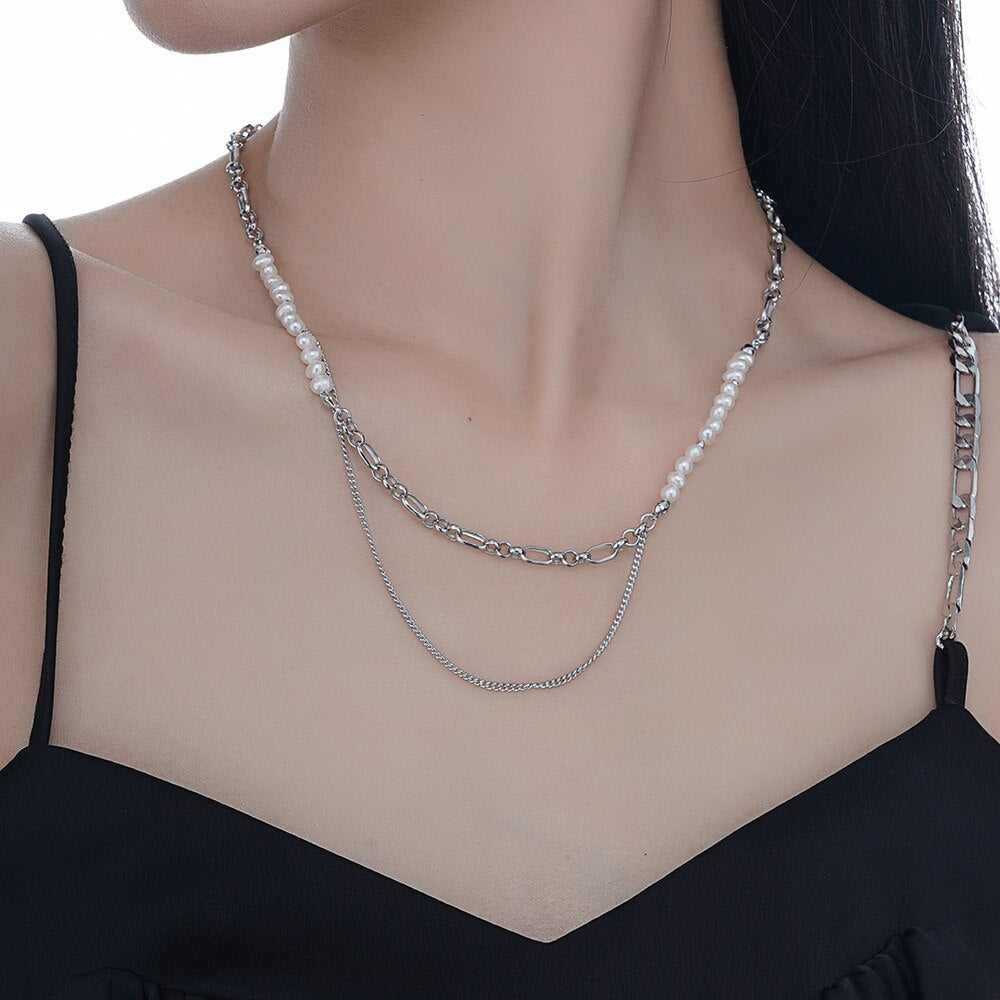 Elongated Figaro Chain Baroque Pearl Necklace N1036