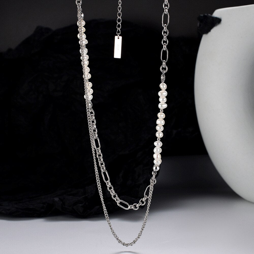 Elongated Figaro Chain Baroque Pearl Necklace N1036