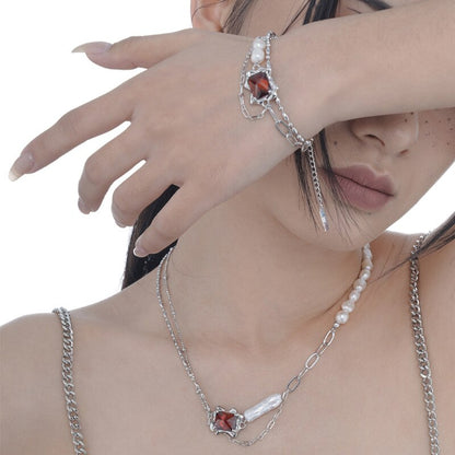 Baroque Pearls Ruby CZ Necklace N1040
