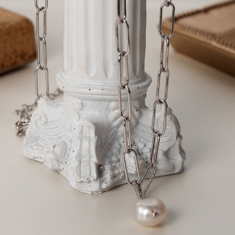 Elongated Drawn Chain Baroque Pearl Necklace N1048