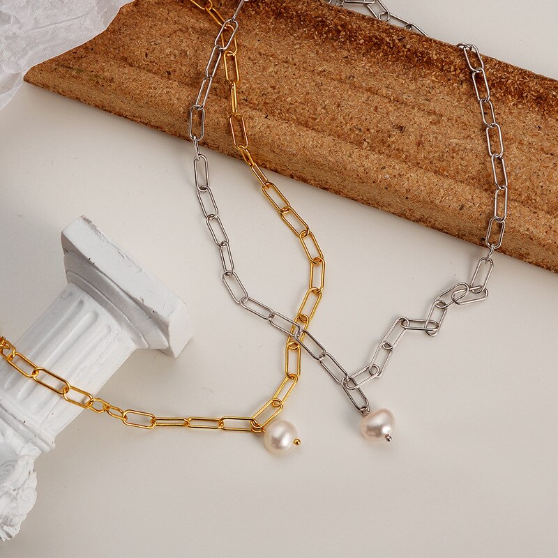 Elongated Drawn Chain Baroque Pearl Necklace N1048