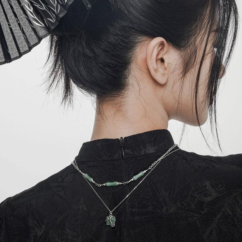 Green Jade Bamboo Knots Necklace N1046
