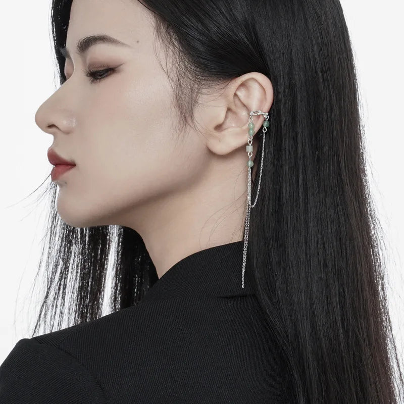 Jade Beads Long Chain Ear Cuff E1116, 1 Piece