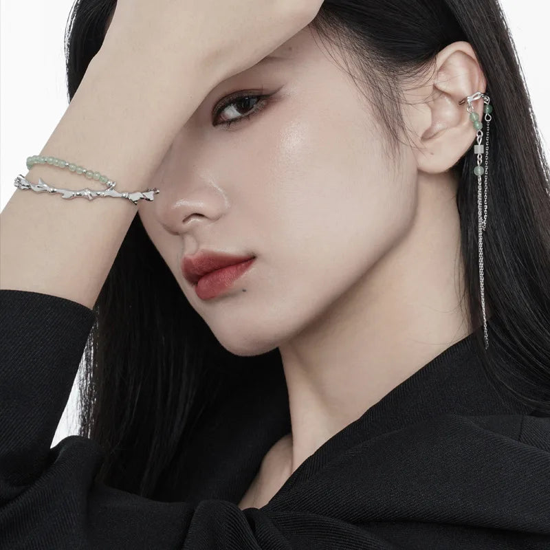 Jade Beads Long Chain Ear Cuff E1116, 1 Piece