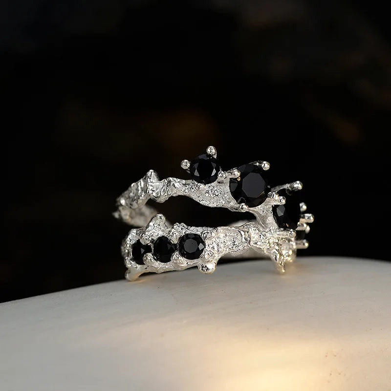 Thick Irregular Black CZ Ring R127