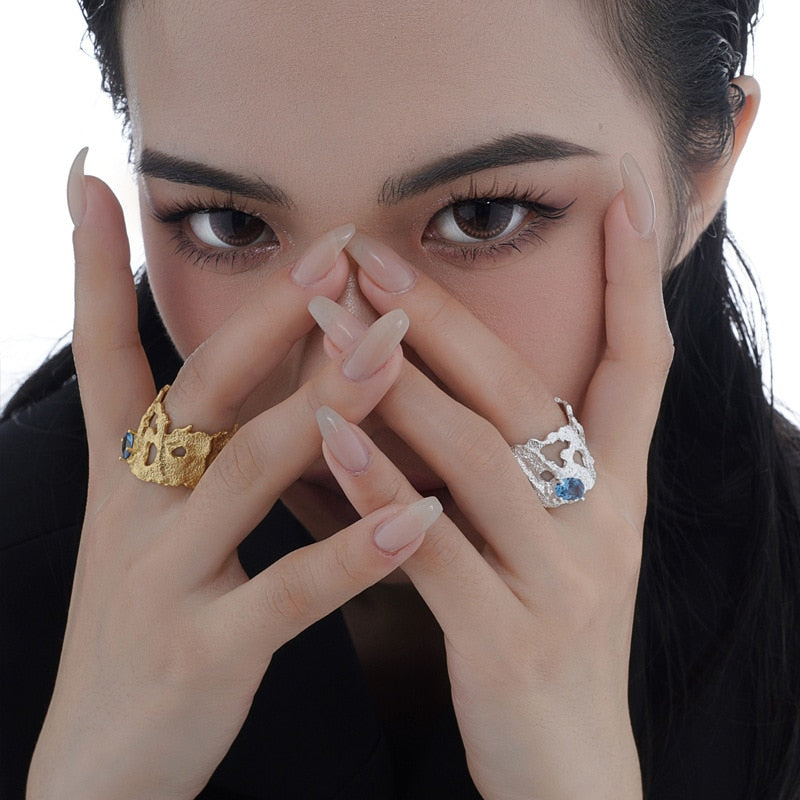 Blue Zircon Patterned Wide Rings R1195