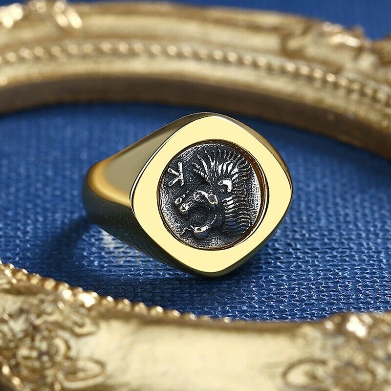 Lion and Boar Coin Rhombus Ring R1044