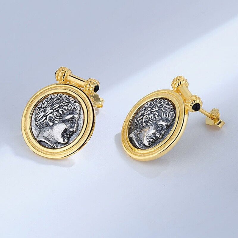 Agate Apollo Greek Coin Earrings E1078