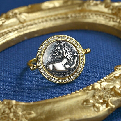 CZ Halo Lion Flip Greek Coin Ring R1059