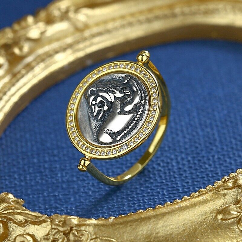 Bague à monnaie grecque CZ Halo Lion Flip R1059