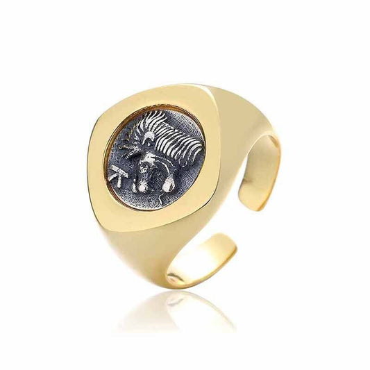 Lion and Boar Coin Rhombus Ring R1044