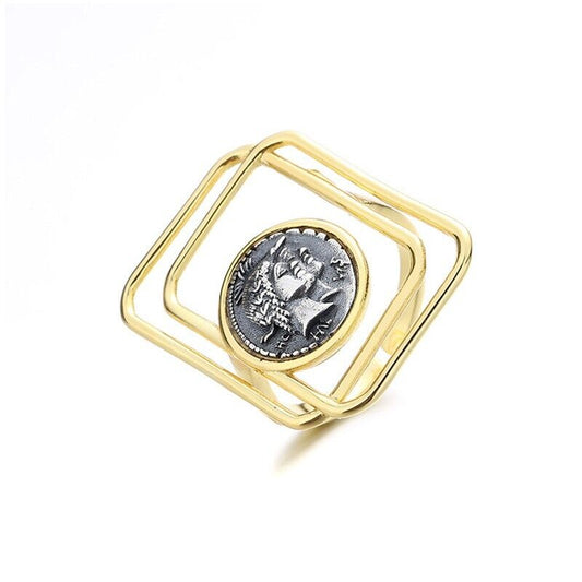 Dual Square Wired Roman Coin Ring R1067