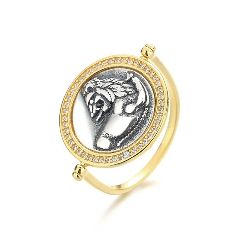 Bague à monnaie grecque CZ Halo Lion Flip R1059