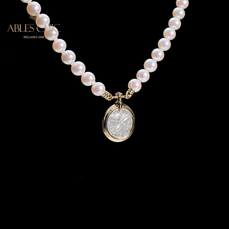 Byzantine Athena Coin Akoya Pearl Necklace