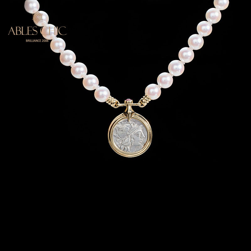 Byzantine Athena Coin Akoya Pearl Necklace