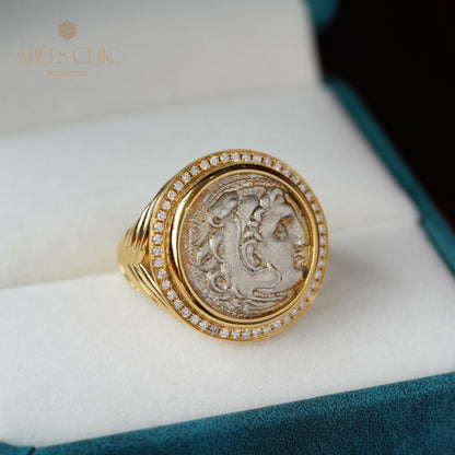 Bague en diamant avec pièce de monnaie antique d'Héraclès