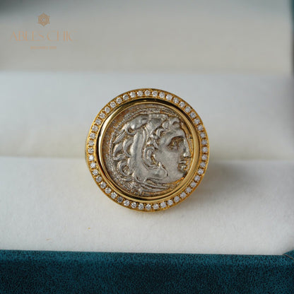 Bague en diamant avec pièce de monnaie antique d'Héraclès