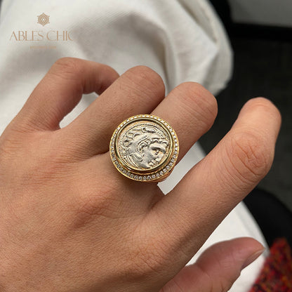 Bague en diamant avec pièce de monnaie antique d'Héraclès