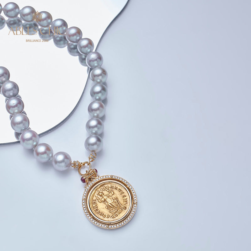Byzantine Coin Akoya Pearl Reversible Medallion Necklace
