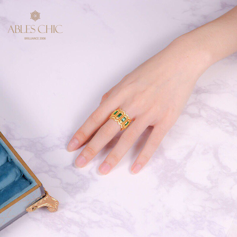 Emerald Fretwork Floral Open Ring 6046