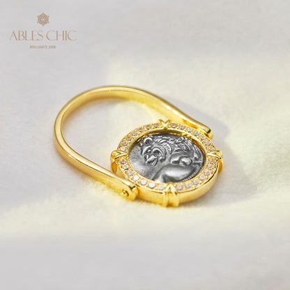 Greek Lion Flip Coin Ring 5983