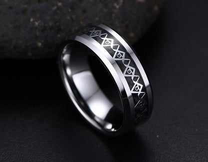 White Tungsten Masonic Engagement Ring Carbon Fiber Inlay Band Wholesale 8mm - Ables Mall