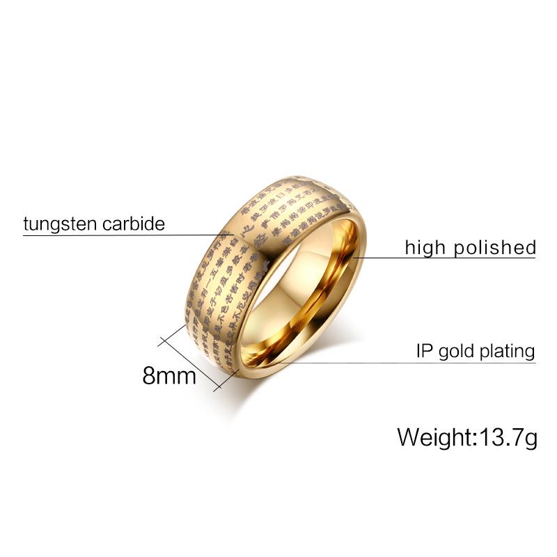 Gold Tungsten Sutra Band Buddhism Scripture Ring Wholesale Plated 8mm - Ables Mall