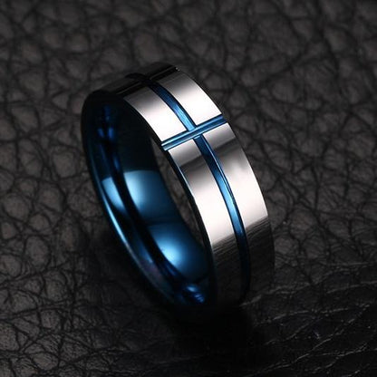 White Tungsten Engagement Ring Blue Cross Groove Lords Prayer Band Wholesale 8mm - Ables Mall