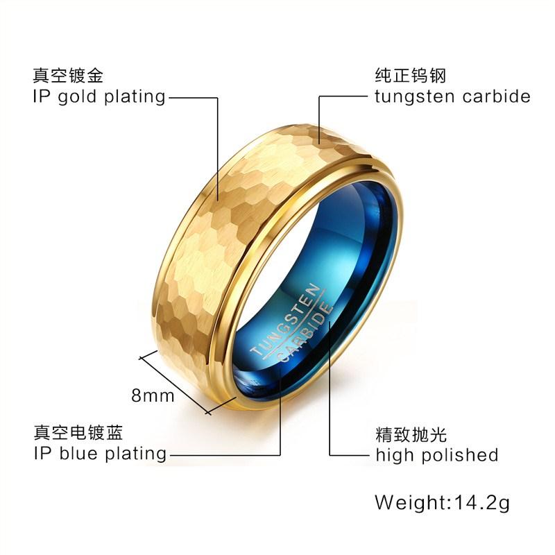 Gold Blue Tungsten Beaten Band Faceted Manly Engagement Ring Wholesale Plated 8mm - Ables Mall