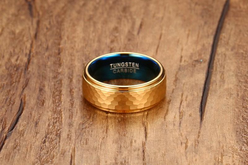 Gold Blue Tungsten Beaten Band Faceted Manly Engagement Ring Wholesale Plated 8mm - Ables Mall