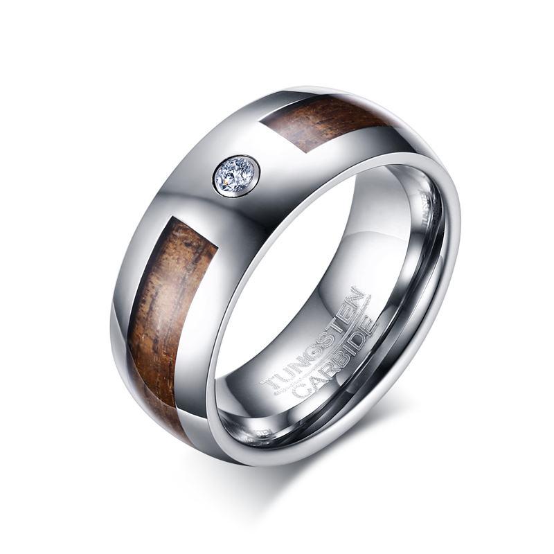 Wood Inlay Tungsten Band Solitaire Stone Engagement Ring Wholesale 8mm - Ables Mall