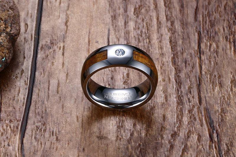 Wood Inlay Tungsten Band Solitaire Stone Engagement Ring Wholesale 8mm - Ables Mall