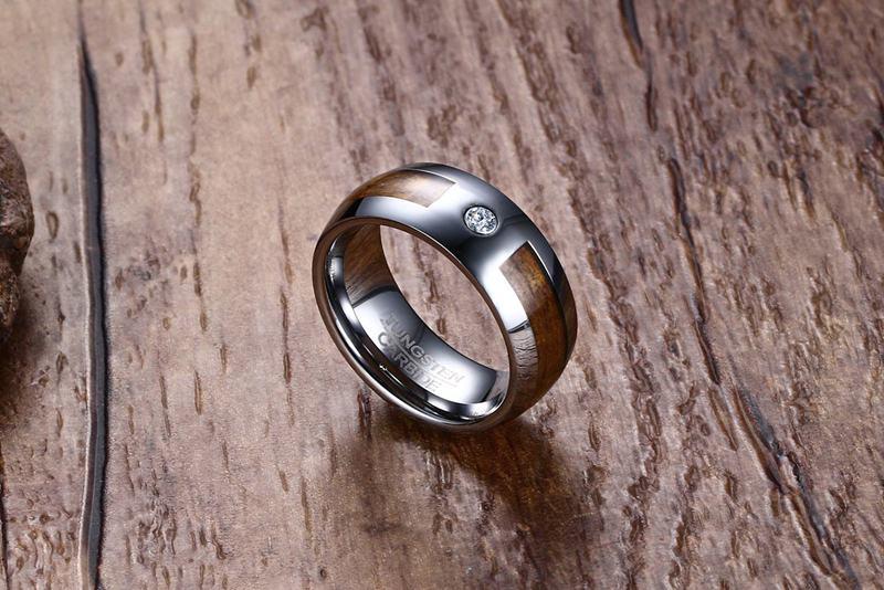 Wood Inlay Tungsten Band Solitaire Stone Engagement Ring Wholesale 8mm - Ables Mall