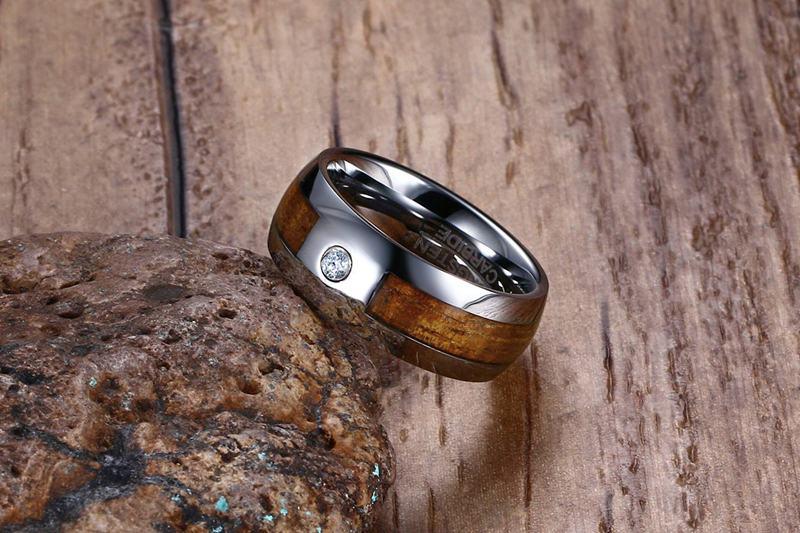 Wood Inlay Tungsten Band Solitaire Stone Engagement Ring Wholesale 8mm - Ables Mall