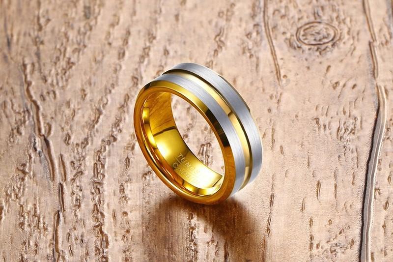 Gold Groove Tungsten Engagement Band Solid Men Ring Wholesale Plated 8mm - Ables Mall