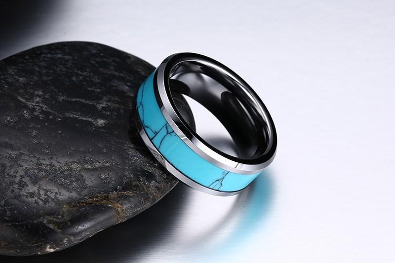 White Tungsten Turquoise Inlay Engagement Band Wedding Ring Wholesale 8mm - Ables Mall