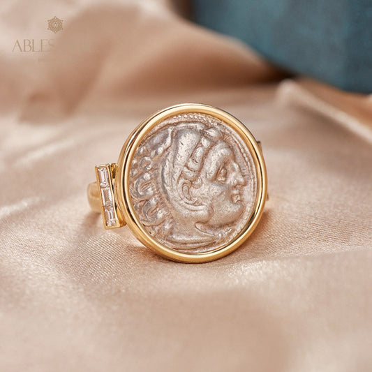Solid 18K Gold Authentic Byzantine Ancient Heracles Silver Coin Ring Diamond Roman Coin Rings