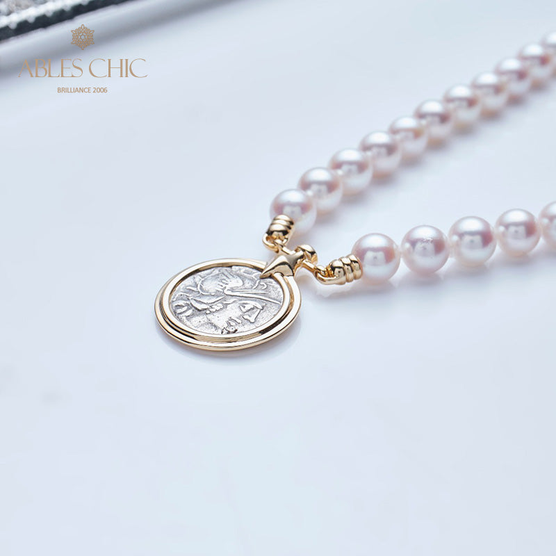 Byzantine Athena Coin Akoya Pearl Necklace