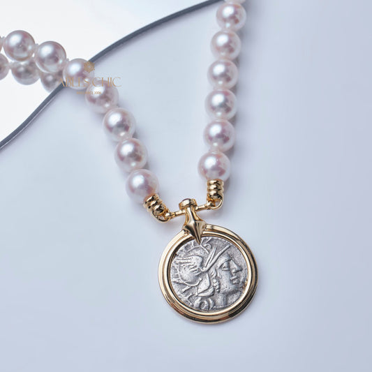 Byzantine Athena Coin Akoya Pearl Necklace
