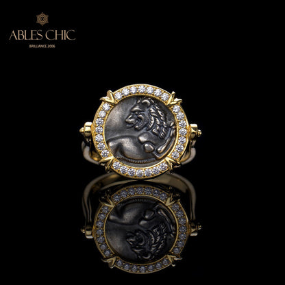 Greek Lion Flip Coin Ring 5983